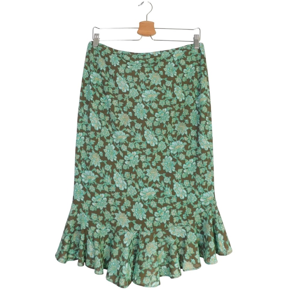 Express Floral Midi Skirt Green Teal Ruffle High Low Hem Womens Size M Y2K